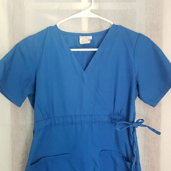 White Swan Fundamentals Scrub Top Blue Scrubs Medical Vet Side Tie Women Size XS - Picture 2 of 7